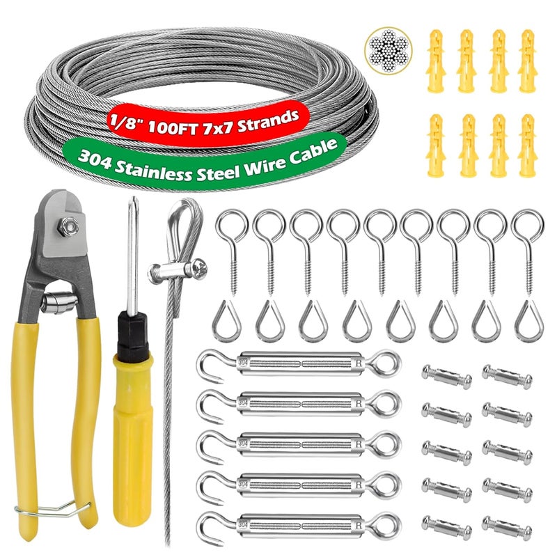 NVAAV 1/8" Metal Curtain Wire Hanging System, 100ft 7×7 Strands 304 Stainless Steel Vinyl Coated Tension Cable, Turnbuckles for Guy Wire Kit, Clothesline, Plant Climbing Rope, (Storage Bag Not Included) - Image 1